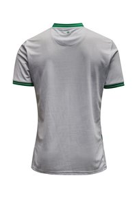 Grijze sporttrui met een ronde hals en korte mouwen. Kenmerkt zich door groene accenten bij de kraag en manchetten. Geweven patroon over de gehele trui.