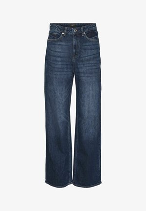 Jeans in denim a gamba larga in lavaggio blu scuro, con un design a cinque tasche, passanti per cintura e una leggera sfumatura nella parte anteriore. Chiusura classica con bottone.