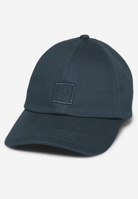 Navy blue baseball cap made of soft fabric, featuring a curved brim and a logo stitched in a square on the front.