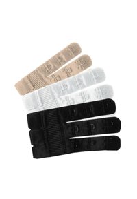 Set med fyra kåpor och öglor i beige, vitt och svart. Varje strap har en texturerad yta med flera krokar för säker fastsättning.