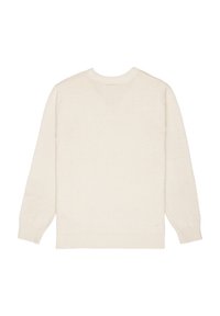 Kermanvärinen pitkähihainen neulepusero, jossa on resorit hihansuissa, kaula-aukossa ja helmassa, kuvattuna takaa valkoisella taustalla.