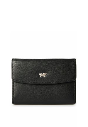 Portafoglio in pelle nera testurizzata con logo metallico a forma di rinoceronte centrato sulla patta frontale, su sfondo bianco.