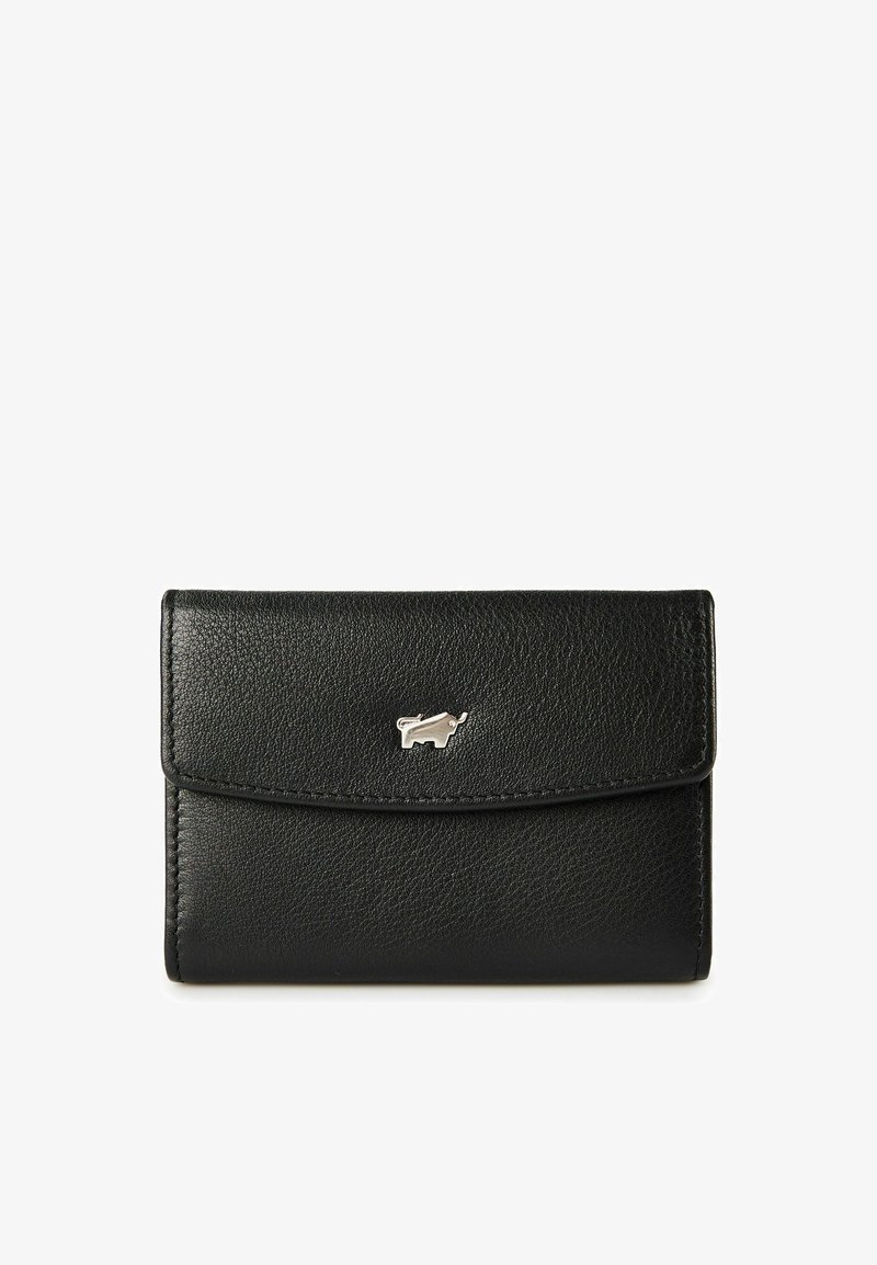 Portefeuille en cuir noir texturé avec un logo rhinocéros en métal centré sur le rabat avant, sur fond blanc.