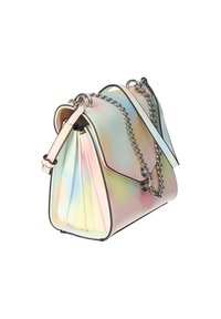 Multifarvet håndtaske med iriserende finish, struktureret design, kædestrop og kontrastfarvet sort kant. Målene er kompakte, hvilket gør den nem at bære.
