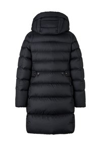 Černá péřová bunda s kapucí, s prošívaným designem, zipem vpředu a dvěma knoflíky v pase. Hladký, lesklý povrch.