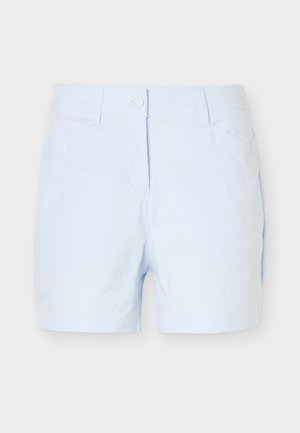 Shorts pour femmes bleu clair avec bouton et fermeture éclair à l'avant, passants pour ceinture et poches latérales, présentés sur un fond blanc uni.