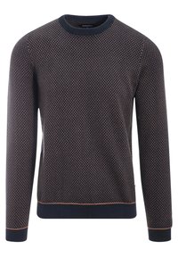 Suéter de manga larga azul marino con pequeño patrón geométrico naranja, cuello redondo y puños y dobladillo de canalé con costura naranja.