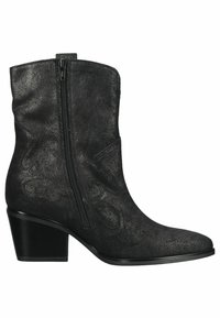 Botas de tobillo de ante negro con un acabado texturizado, cremallera lateral, forma contorneada y tacón cuadrado de 5 centímetros. Sutil costura decorativa que las acentúa.