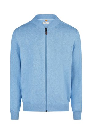 Hellblauer Strick-Cardigan mit Reißverschluss, geripptem Kragen, Bündchen und Saum, mit einem kleinen Markenetikett innen am Kragen.