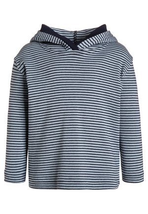Felpa con cappuccio a righe in blu navy e azzurro chiaro. Tessuto morbido con una vestibilità comoda, maniche lunghe e scollo incrociato con cappuccio.
