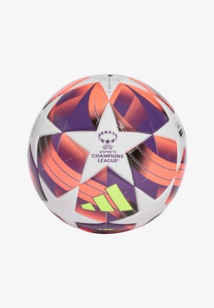 Balón de fútbol Adidas, blanco con acentos morados y naranjas; paneles en forma de estrella; superficie texturizada; presenta el logo de la UEFA Women's Champions League.