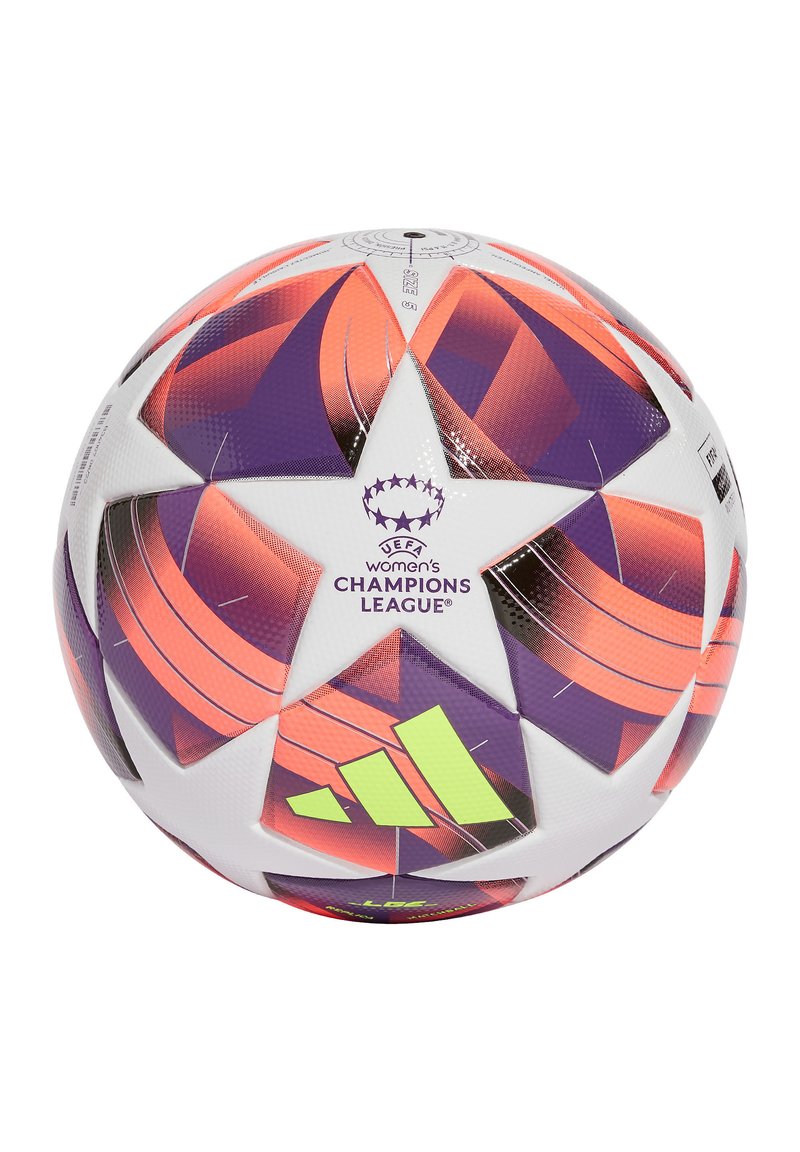 Adidas voetbal, wit met paarse en oranje accenten; stervormige panelen; textuur oppervlak; bevat het logo van de UEFA Vrouwen Champions League.