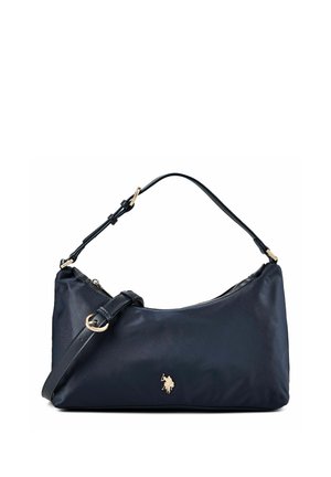 Borsa a tracolla nera con tracolla regolabile e logo dorato con cavallo e cavaliere sul davanti, mostrata su sfondo bianco.