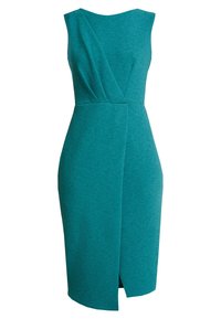 Tekstuurista kangasta oleva safiirinsininen mekko, jossa hihaton malli, V-muotoinen pääntie ja eteen tuleva halkio lisäyksellä yksityiskohtia varten.