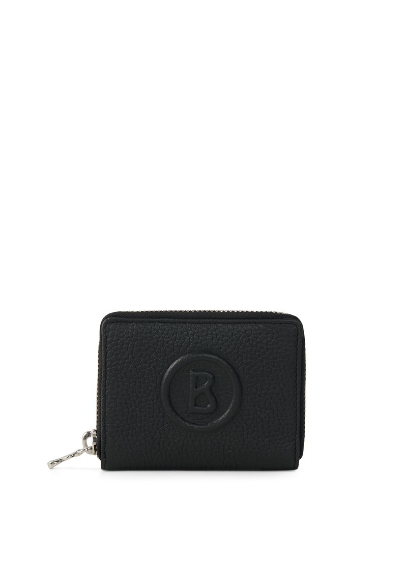 Cartera de cuero negro con un acabado texturizado, que presenta una letra "B" en relieve circular en el frente y un cierre de cremallera plateado.