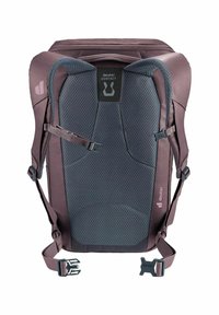 Vue arrière d'un sac à dos gris foncé et violet avec un panneau arrière rembourré et respirant, des bretelles réglables, une sangle de poitrine et des boucles de ceinture de hanche.