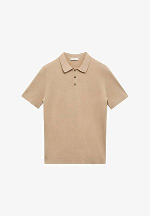 Beige Poloshirt mit kurzen Ärmeln, drei braunen Knöpfen am Kragen und einem strukturierten Stoff. Klassische Passform mit einem sauberen und schlichten Design.