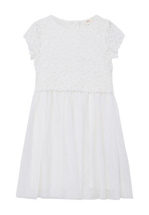 Biała sukienka z koronkowym gorsetem i krótkimi rękawami, z rozkloszowanym dołem z lekkiego materiału. Klasyczny okrągły dekolt i niewidoczny zamek błyskawiczny z tyłu.