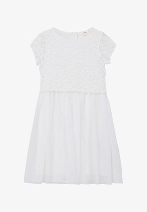 Vestido blanco con cuerpo de encaje y mangas cortas, falda acampanada hecha de tela ligera. Cuello redondo clásico y cremallera trasera invisible.