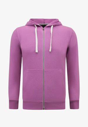 Paarse rits hoodie met witte trekkoorden, voorzakken, ribgebreide manchetten en zoom. Gemaakt van zachte, gestructureerde stof voor comfort.