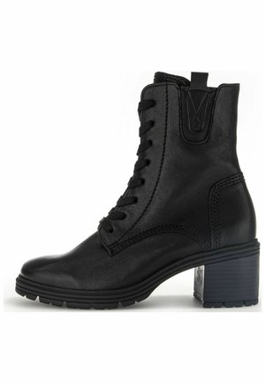 Black leather ankle boot with vertical lacing, a block heel, and textured rubber sole. Features subtle stitching detail on the sides.