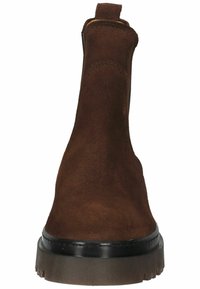 Brown suede ankle boot with a smooth texture, elastic side, reinforced pull tab, and a thick, ridged rubber sole for traction.