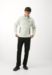 Hellgraue Zip-Jacke mit Kapuze, schwarzen Akzenten und zwei Vordertaschen, kombiniert mit schwarzen Cargo-Hosen und dunklen Sneakers.