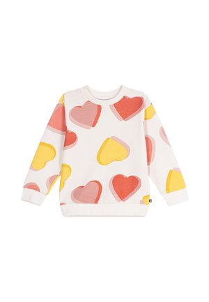Weißes Sweatshirt mit langen Ärmeln und großen Herzmustern in Pink, Rot und Gelb, die über den Stoff verstreut sind.