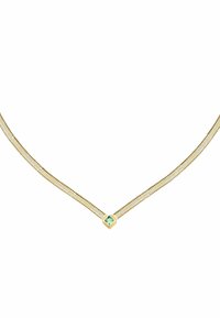 Collana in rete d'oro con un pendente quadrato in pietra verde al centro, dal design strutturato e dalla superficie liscia e lucida.