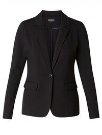 Zwarte blazer van rekbare stof, met een enkele knoopsluiting, notch revers, twee voorzakken en lange mouwen. Gladde textuur.