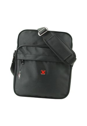 Black textured crossbody bag with adjustable padded strap, front zip pocket, and small red and black square logo centered.