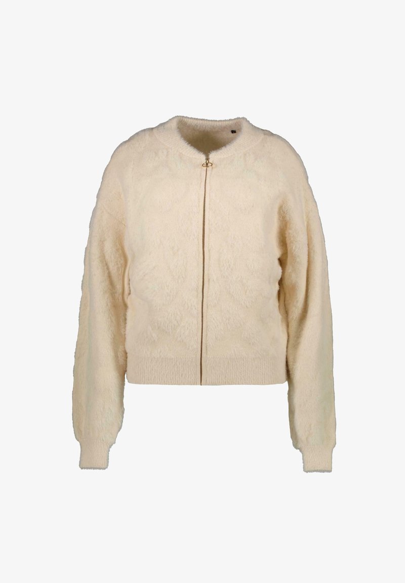 Lichtcrème cropped jack gemaakt van fluffy stof, met een volledige rits, ribgebreide manchetten en een gestructureerd patroon over het lichaam.