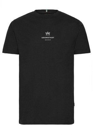 Black cotton T-shirt with a crew neckline, featuring white text "KRONSTADT" and a crown logo on the front. Short sleeves, standard fit.