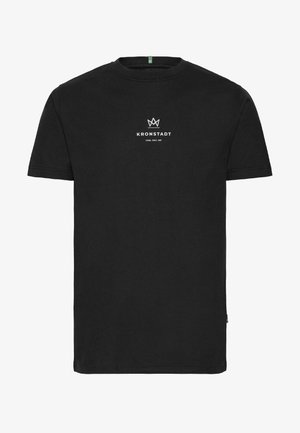 Black cotton T-shirt with a crew neckline, featuring white text "KRONSTADT" and a crown logo on the front. Short sleeves, standard fit.