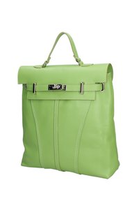 Groene leren rugzak met textuurafwerking, voorzien van een klep-sluiting, zilveren hardware en verticale stiksel-details.