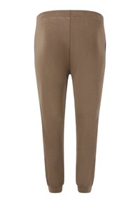 Bruna träningsbyxor med elastiskt midjeband, åtsittande muddar och slät textur; har inga synliga logotyper eller mönster på baksidan.