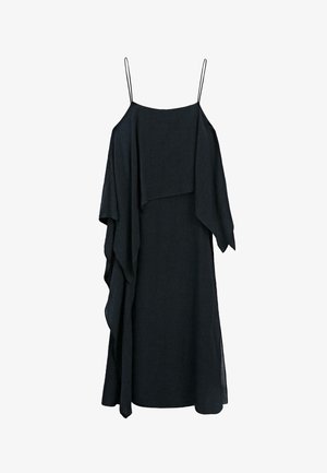 Abito midi nero con sottili spalline a spaghetti e tessuto drappeggiato a strati asimmetrici su un lato.