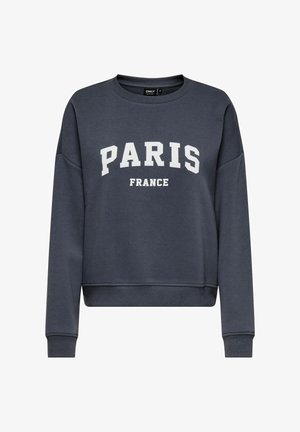 Donkerblauwe sweatshirt met witte tekst "PARIS" en "FRANKRIJK", ronde halslijn en geribde manchetten en zoom. Zachte, casual stof met een ontspannen pasvorm.
