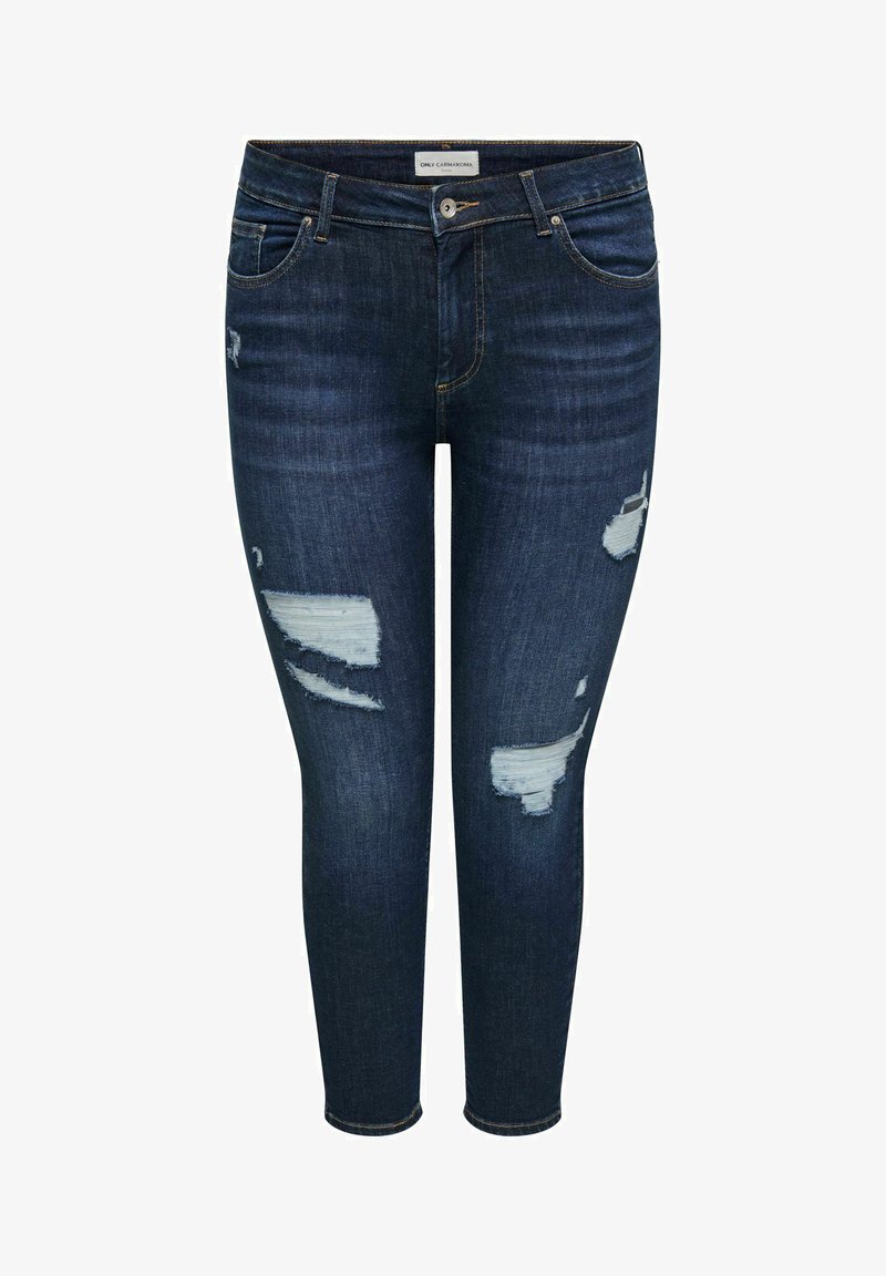 Mørkeblå skinny jeans med slitte lapper på lår og knær, frontlommer, knappestenging og etikett på innsiden av midjebåndet.