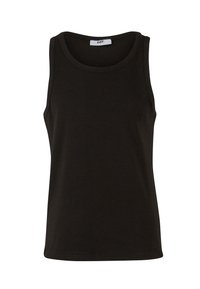 Black sleeveless tank top made of ribbed fabric, featuring a round neckline and a fitted shape. No visible patterns or accents.