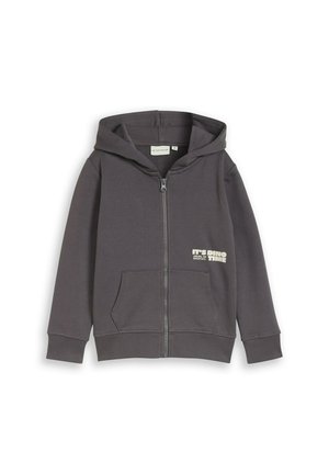 Dunkelgrauer Kinder-Zip-Hoodie mit Kängurutaschen und dem Schriftzug "It's Dino Time" auf der Vorderseite rechts.