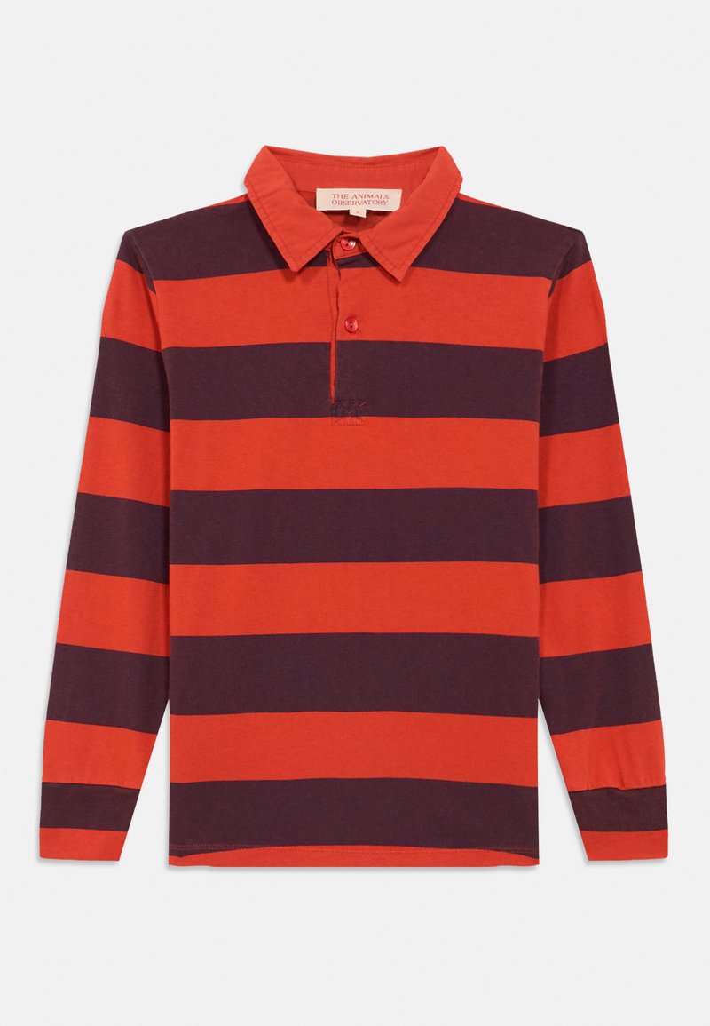 Rugbyshirt met lange mouwen in brede horizontale oranje en donkerpaarse strepen en een kraag met knopen.