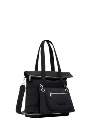 Zwarte totebag met dubbele handgrepen, voorvak met rits, afneembaar kleiner tasje en verstelbare schouderriem, gemaakt van gladde stof.