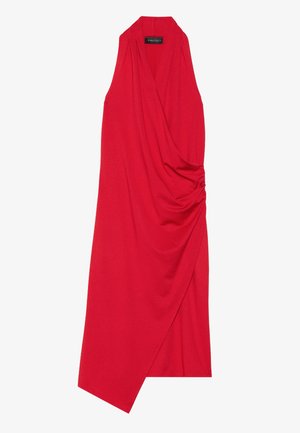 Robe sans manches rouge avec un col en V et des détails froncés sur le côté. Fabriquée à partir d'un tissu léger légèrement extensible, avec un ourlet asymétrique.