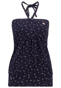 Námorně modrá bezramenní blůza s bílým kotvou a květinovým vzorem, se šněrovacími popruhy a nařaseným pasem pro pohodlný střih. Diskrétní detail loga.