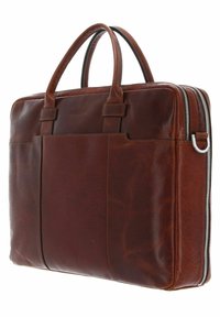 Braune Leder-Laptoptasche mit zwei oberen Tragegriffen, einem Reißverschluss mit silberner Hardware und horizontalen Nähten auf der Vorderseite.