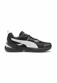 Black athletic shoe with white accents; made from mesh and synthetic materials; features a rounded toe and textured sole for grip.