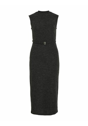 Melnā pelēkā bez piedurknēm midi kleita ar pieguļošu augšdaļu, jostu ar kvadrātveida metāla sprādzi un izlīdzinātu tekstūru.