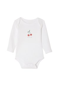 Weißer Langarm-Babykörper aus weicher Baumwolle mit einem Kirschmotiv und dem Text "ma petite cherry" unter dem Grafik. Druckknopfverschluss am Boden.