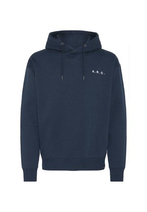 Mörkblå huvtröja i mjukt material, med en framficka, justerbar dragsko på huvan och vit text "A.R.C." på bröstet.